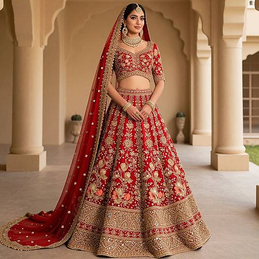 Photograph of a South Asian bride in a vibrant red and gold embroidered lehenga with a long veil, standing in a sunlit, archway-ad