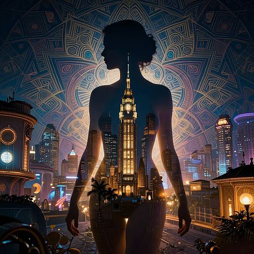 Silhouetted woman with afro stands in futuristic cityscape, illuminated skyline, ornate geometric ceiling; digital art blending neon and silhouette styles.