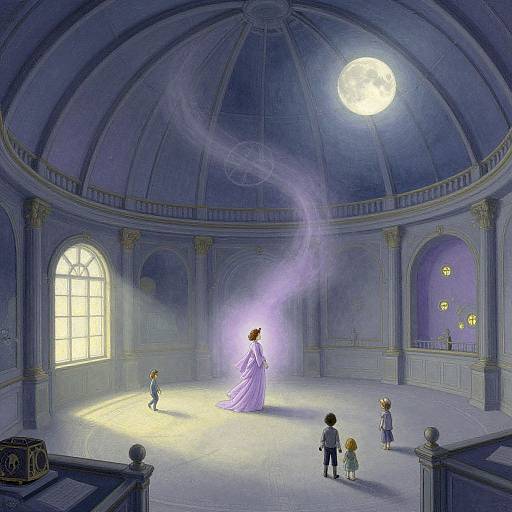 Digital painting of a grand, dome-ceilinged hall lit by a full moon. A glowing woman in a lavender gown stands center, surrounded by five