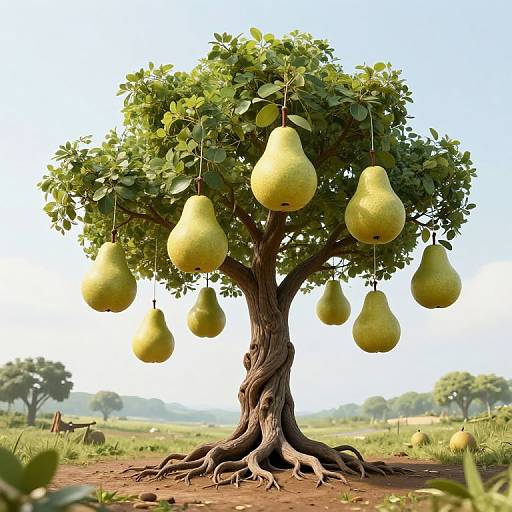 Photorealistic CGI of a pear tree with large, yellow pears hanging from its branches, set in a sunny, grassy field.