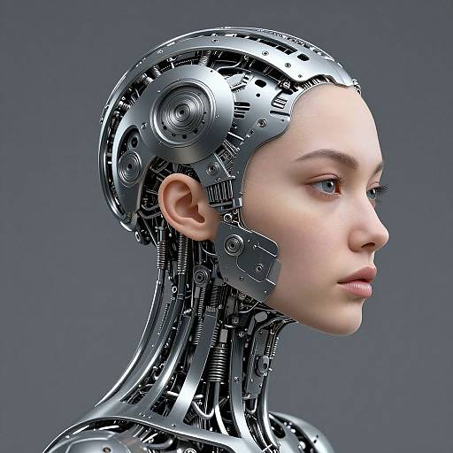 Digital CGI of a serene, pale-skinned woman with a cybernetic head, featuring intricate metallic gears and circuits, against a gray background.