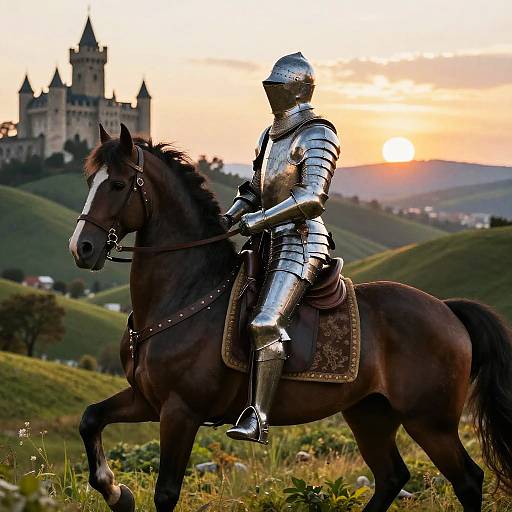 Armored Knight on Horseback at Sunset