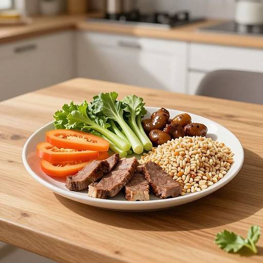 Photograph of a white plate on a wooden table with slices of beef, cooked rice, boiled eggs, tomato slices, and lettuce. Bright kitchen background