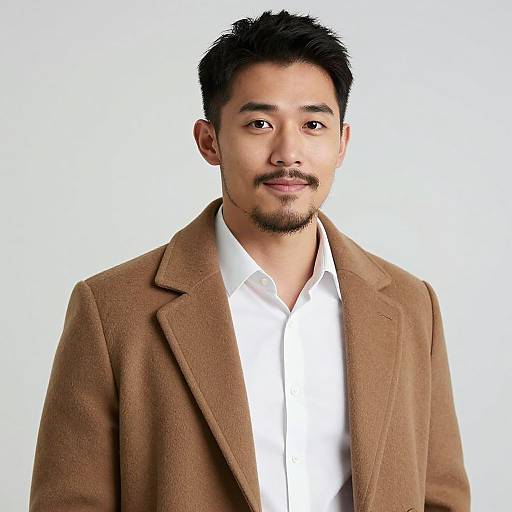 Photograph of an Asian man with short black hair, light brown mustache, and goatee, wearing a brown wool blazer over a white shirt