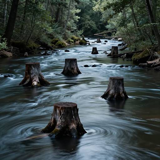 Photograph of a serene forest stream with smooth water flowing around four tree stumps, surrounded by lush green trees and moss-covered rocks.