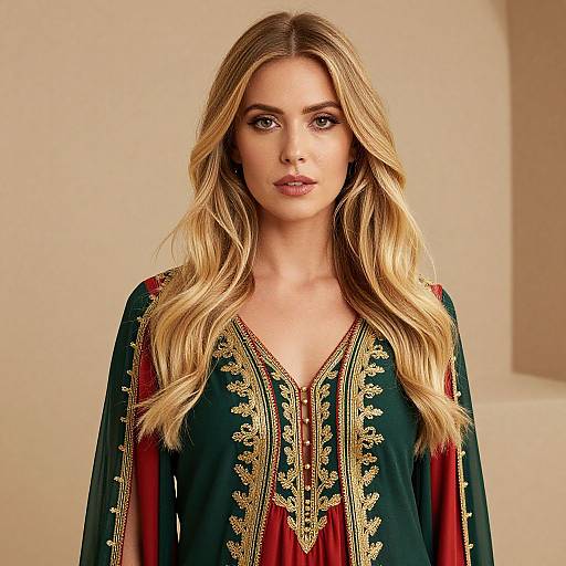 Blonde Woman in Embroidered Dress