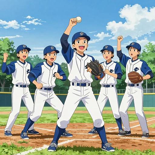 Digital anime-style illustration of five young male baseball players in white and blue uniforms, celebrating on a sunny field. Central player throws a ball, others cheer