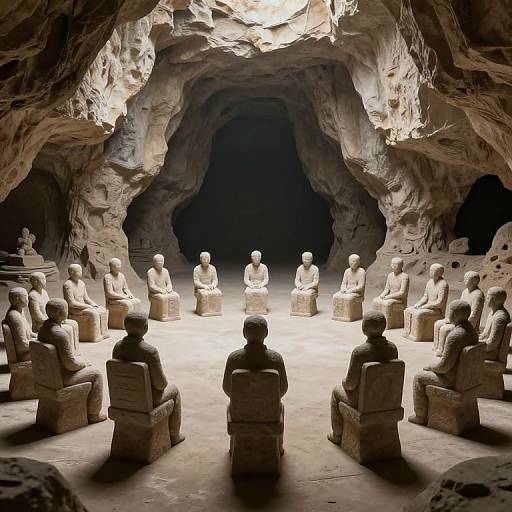 Photograph of a dimly lit cave with 18 stone statues seated in a semi-circle, each resembling ancient figures, under a rocky, cavernous