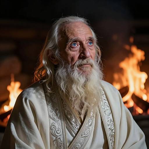 Photograph of an elderly, white-bearded man with blue eyes, wearing an ornate white robe, standing in front of a roaring fire, illuminated