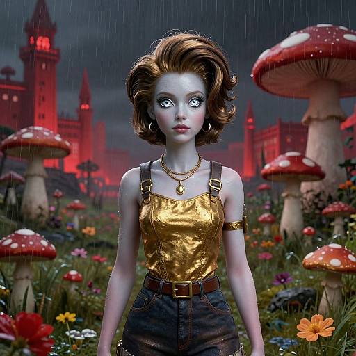 Digital artwork of a pale-skinned doll with blue eyes, wearing a gold shirt and denim overalls, standing in a rainy, mushroom-filled garden with