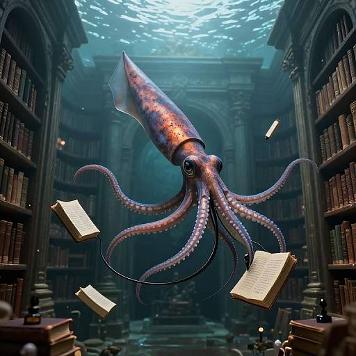 Digital artwork of a purple, bioluminescent octopus with outstretched tentacles floating in a dimly lit, grand library, surrounded by