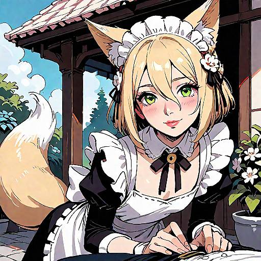 Anime-style digital drawing of a blonde, green-eyed, fox-eared maid with a black and white uniform, blushing, outdoors by a traditional wooden