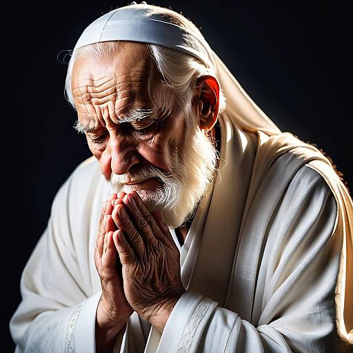 Elderly Man Praying in Traditional White Robe