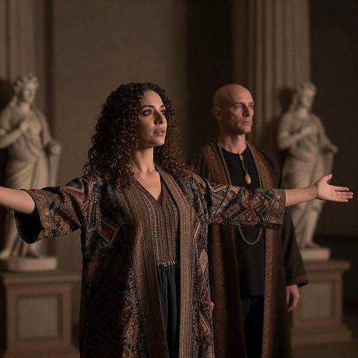 Two People in Ornate Room with Statues