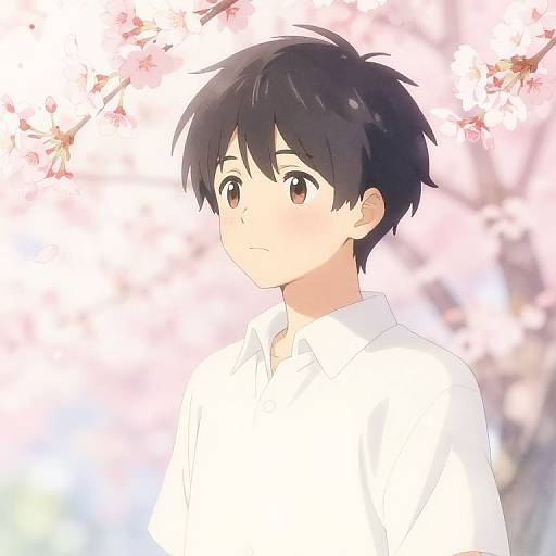 Anime-style digital drawing of a young boy with black hair, brown eyes, and a white shirt, standing under blooming cherry blossoms.