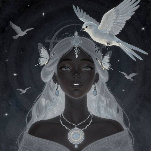 Digital fantasy portrait of a dark-skinned woman with glowing white hair, adorned with jewels, butterflies, and birds, set against a starry night background