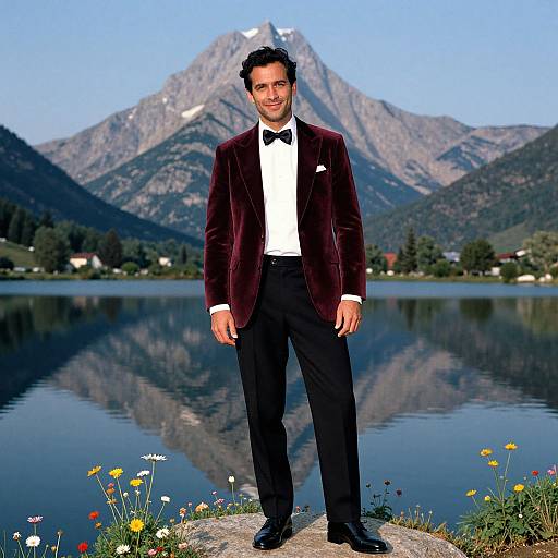 Smiling man in dark velvet tuxedo, white shirt, black bow tie, standing by lake, mountains with snow-capped peaks in background.