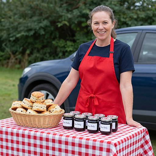 Photograph of a smiling woman with brown hair in a red apron, standing outdoors, displaying homemade scones and jam jars on a red-and