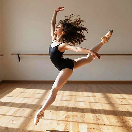 Photograph of a brunette ballerina in a black leotard, mid-leap with one leg extended back, in a sunlit dance studio