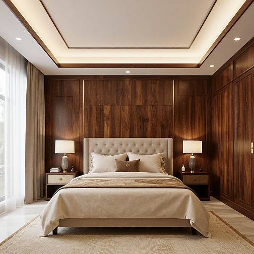 Luxurious modern bedroom with tufted beige headboard, white bedding, wooden-paneled walls, two bedside lamps, and recessed ceiling lighting.