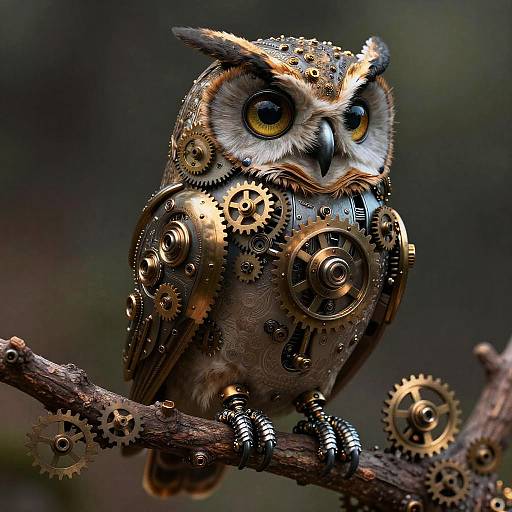 Steampunk owl perched on a branch, crafted from intricate gears, cogs, and metal, with large yellow eyes, against a dark,
