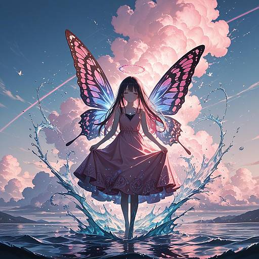 Butterfly Winged Girl in Water Splash