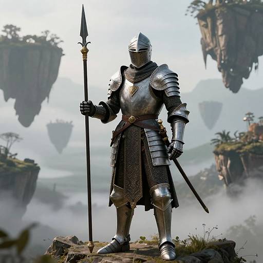 Digital art of a knight in silver armor with a spear, standing on a misty cliff, surrounded by floating islands and trees.