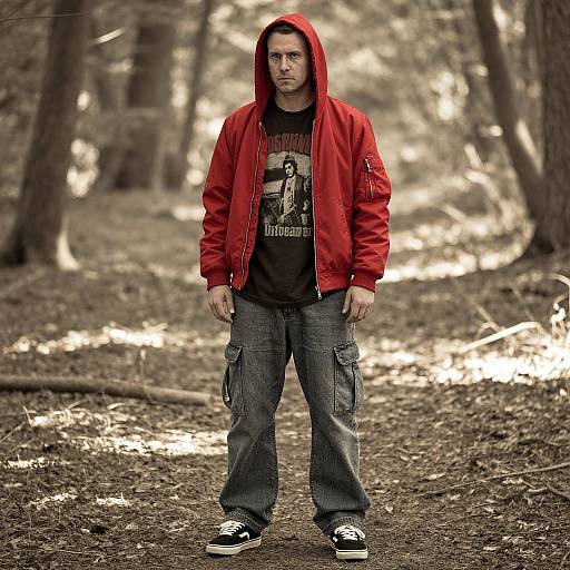 Photograph of a serious-looking man in a red hooded jacket, black t-shirt, blue cargo pants, and black sneakers, standing on a forest