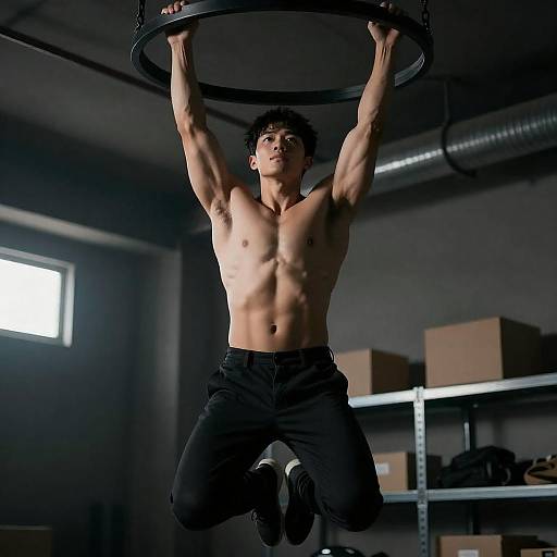 Muscular Man Hanging in Industrial Room