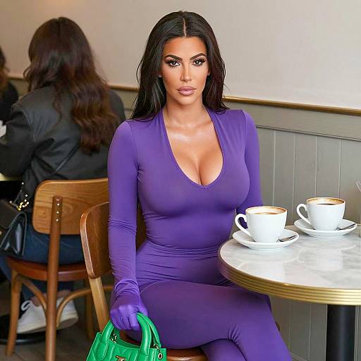 Kim Kardashian at Café in Purple Jumpsuit