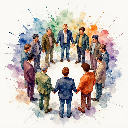 Watercolor illustration of nine men in suits standing in a circle, holding hands, surrounded by colorful splashes, creating a collaborative atmosphere.