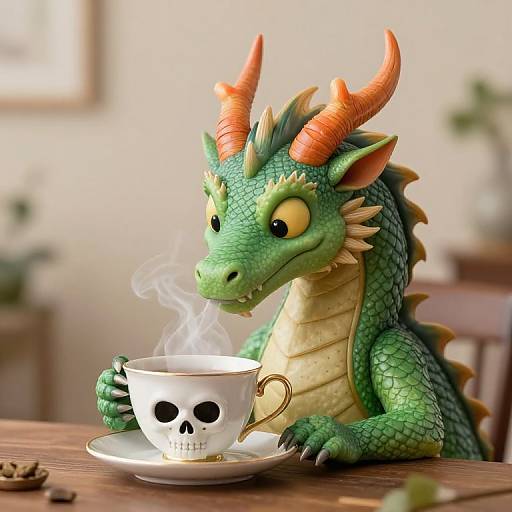 Whimsical Dragon Sipping Tea