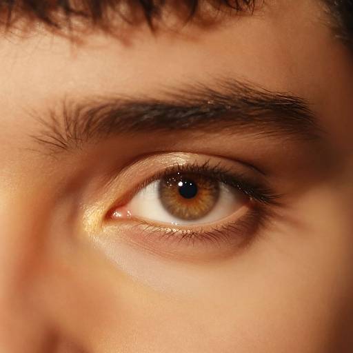 Close-up photograph of a brown-eyed male face, focusing on the right eye, with visible eyebrow, dark eyelashes, and warm skin tone.