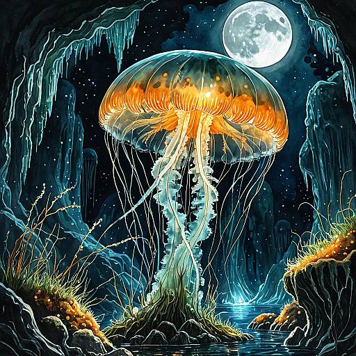 Glowing Jellyfish in Crystal Cavern at Night