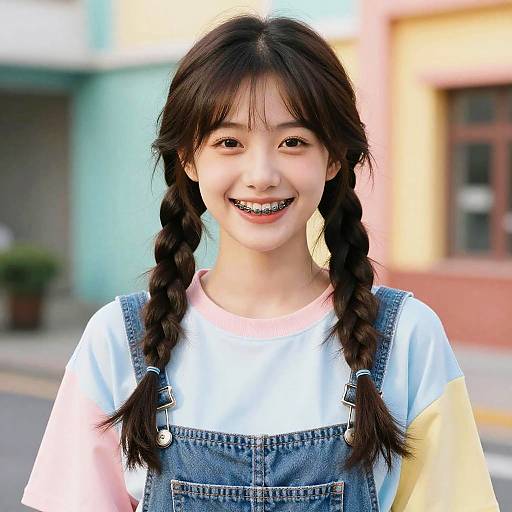 Confident Girl with Braces and Pigtails