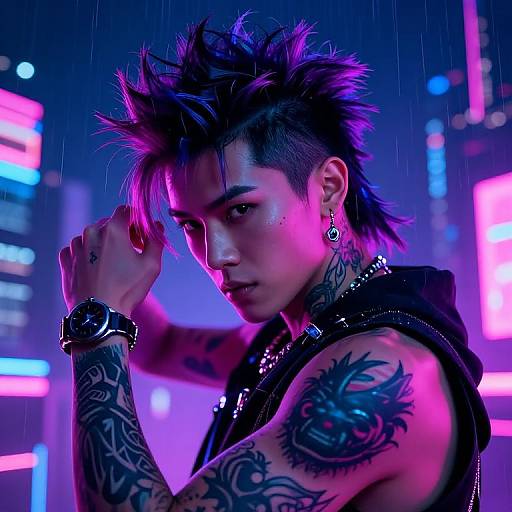 Neon-lit photograph of a tattooed, androgynous person with spiky purple hair, dark sleeveless hoodie, and intricate arm tattoos