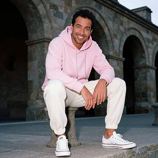 Photograph of a smiling man with short black hair, light skin, wearing a pink hoodie, white pants, and white sneakers, squatting on a