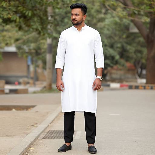 Photograph of a bearded South Asian man with short black hair, wearing a white knee-length kurta, black pants, and black shoes, standing