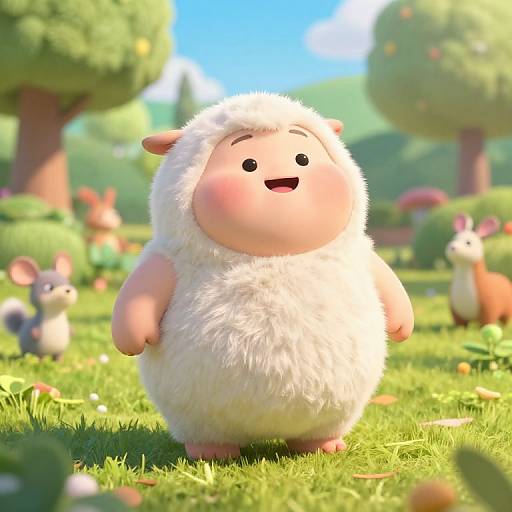 CGI cartoon image of a chubby, white, fluffy sheep-like character with pink cheeks and small ears, standing in a bright, sunny, grassy