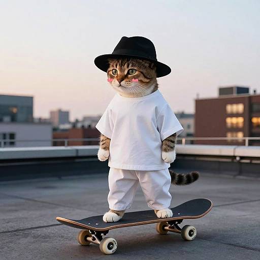 Clothed Cat on Skateboard at Dusk