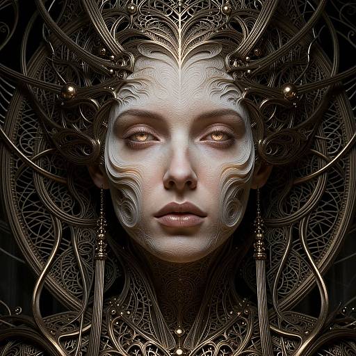 Digital artwork of a pale-skinned woman with glowing amber eyes, adorned in intricate, ornate, metallic headpiece with swirling patterns and gold accents,