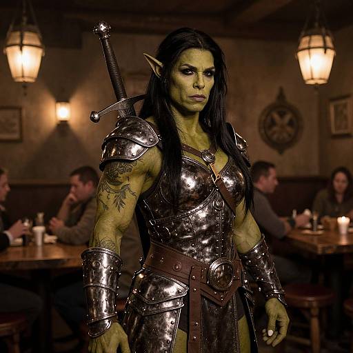 Photograph of a green-skinned, muscular elf woman with long black hair, wearing shiny silver armor, standing in a dimly lit tavern with patrons