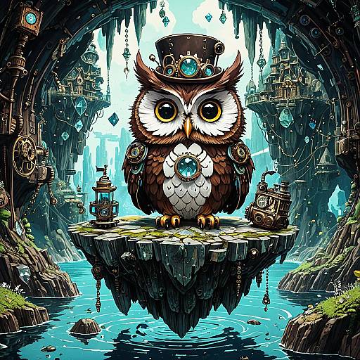 Steampunk Owl on Floating Island in Crystal Caves