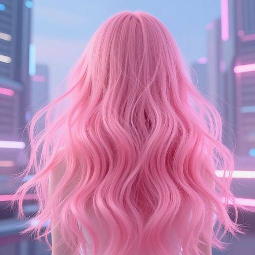 Photograph of a person with long, wavy, neon pink hair facing away, set against a glowing, neon-lit cityscape at night.