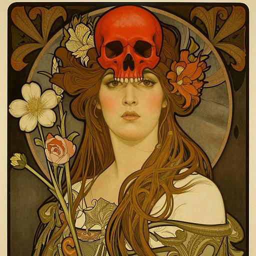 Digital art of a fair-skinned woman with long brown hair, wearing a skull on her head, surrounded by flowers, in an ornate, vintage