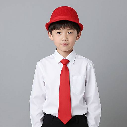 Photograph of a young Asian boy wearing a bright red hat, white dress shirt, red tie, and black pants against a plain gray background.