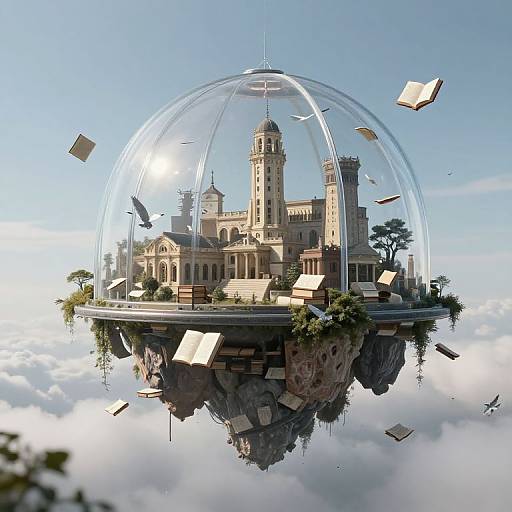 Fantastical CGI image of a floating, medieval castle encased in a glass dome, surrounded by flying books and birds, set against a bright blue