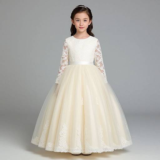 Photograph of a young girl with long dark hair in a white lace long-sleeve dress with a full tulle skirt, standing against a plain