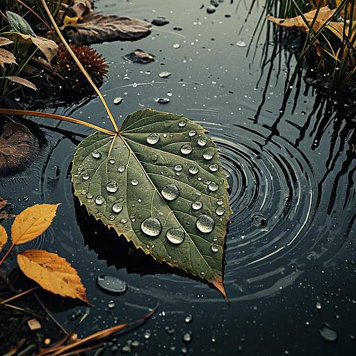 Raindrops on Leaf Floating in Water