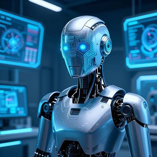 Photorealistic CGI of a futuristic silver humanoid robot with glowing blue eyes and circuit patterns, standing in a high-tech lab with illuminated blue screens in the